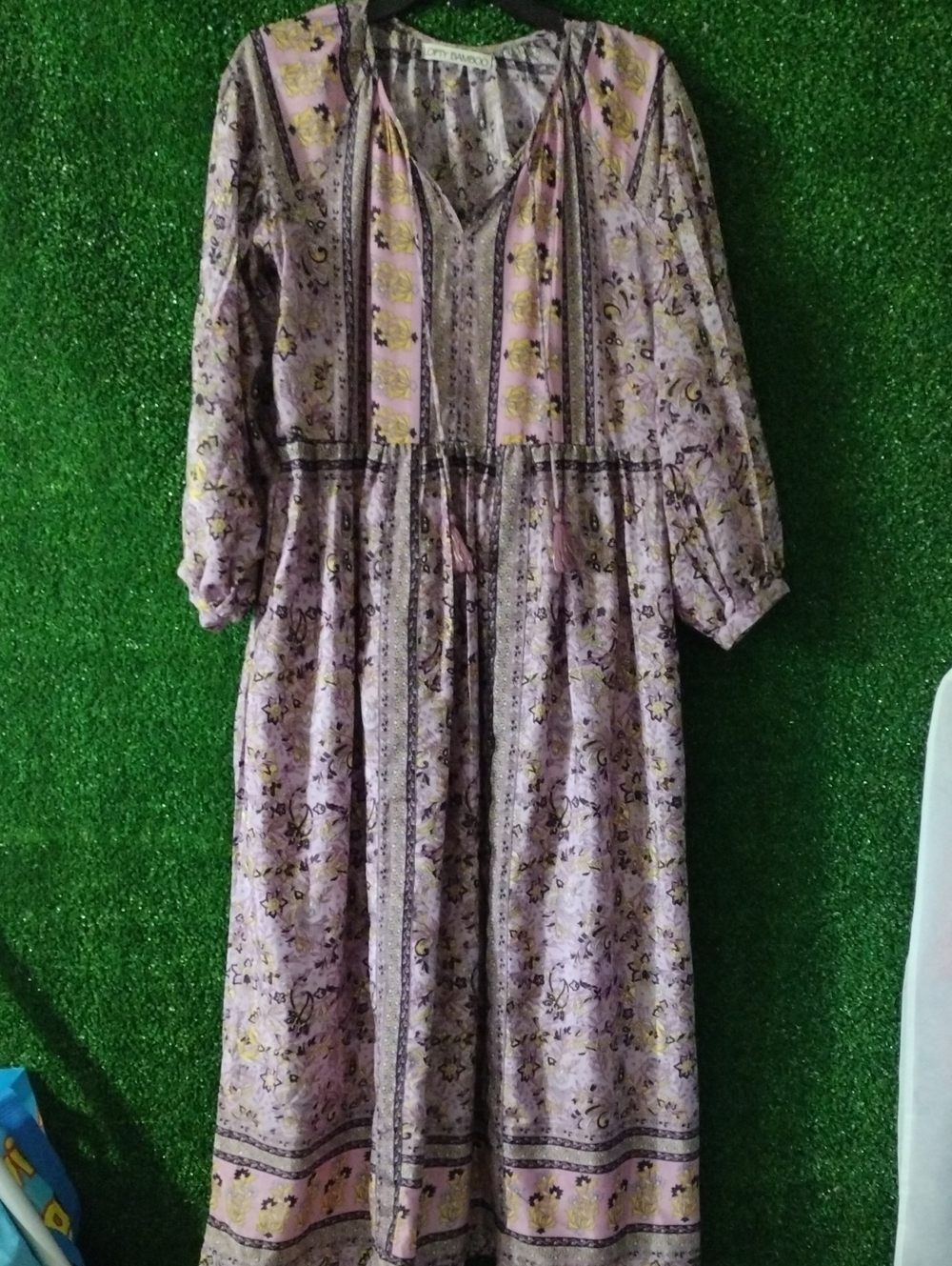 Boho Lavender Floral Midi Dress with Tassel Tie